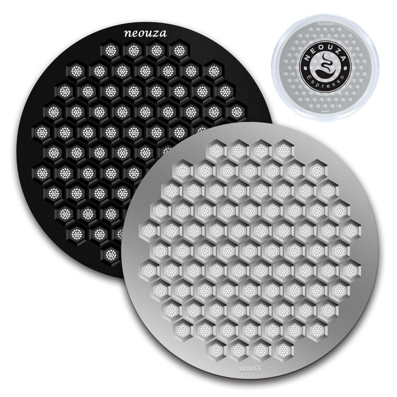 NEOUZA V4 Espresso Puck Screen 08mm Thickness Honeycomb Mesh Double Layer Black Protective Coating for Coffee Portafilter Basket 2 Black and Silver 53mm